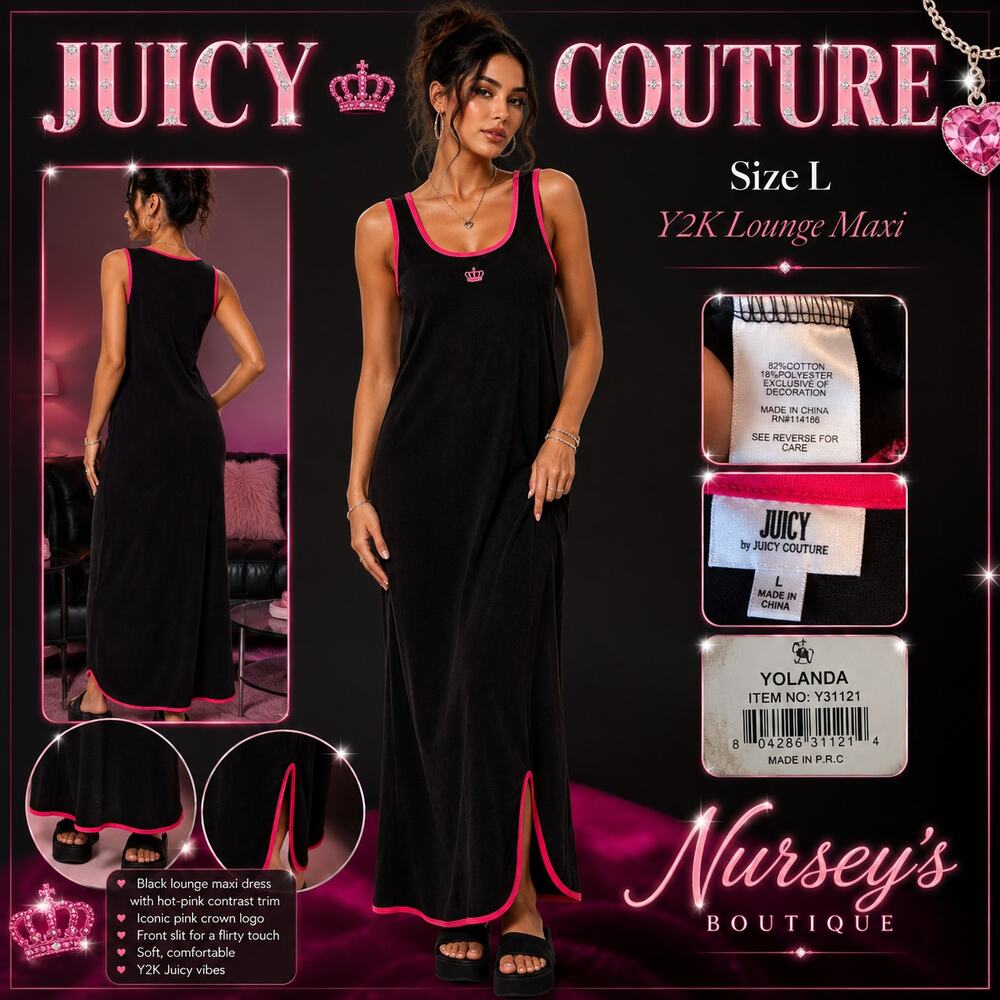 Juicy Couture Black Pink Terry Trim Maxi Lounge Dress Large